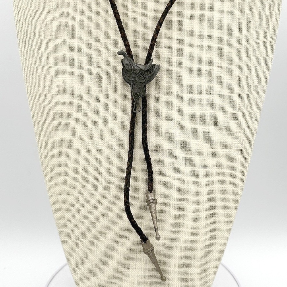 Vintage Western Bolo Tie Silver Tone Horse Saddle Slide Braided Leather Cord Y2K